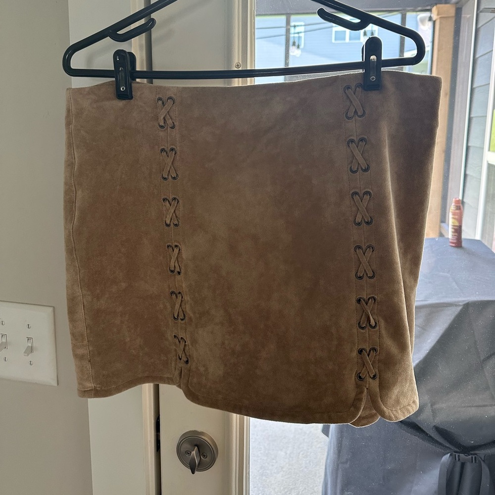Tractr Tan Suede Mini Skirt with Lace-Up Design